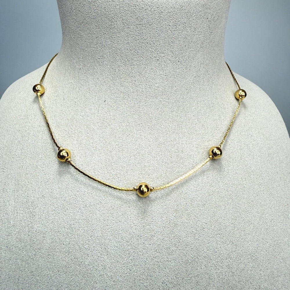 Gold Tone Station Bead Chain Choker Necklace with Five 15" Flat Weave Layering